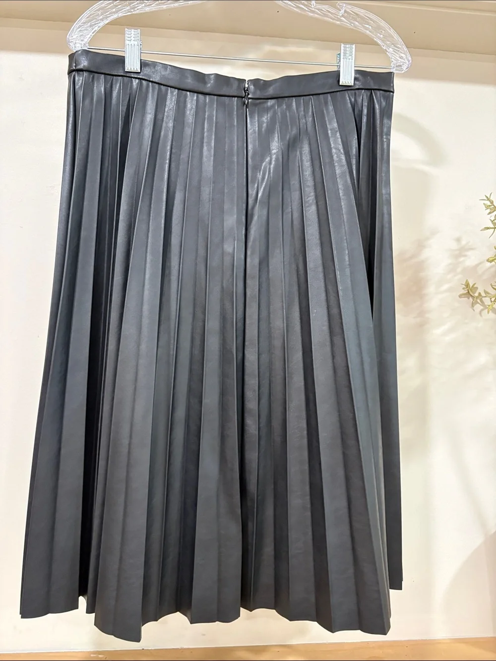 J. Crew Black Pleated Faux Leather Midi Skirt, Size 10, NWT
